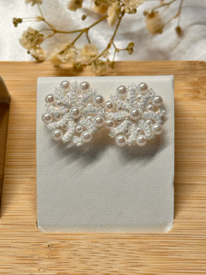 Handcrafted Tatted Lace Pearl Jewelry Set: Stainless Steel Stud Earrings & Adjustable Ring