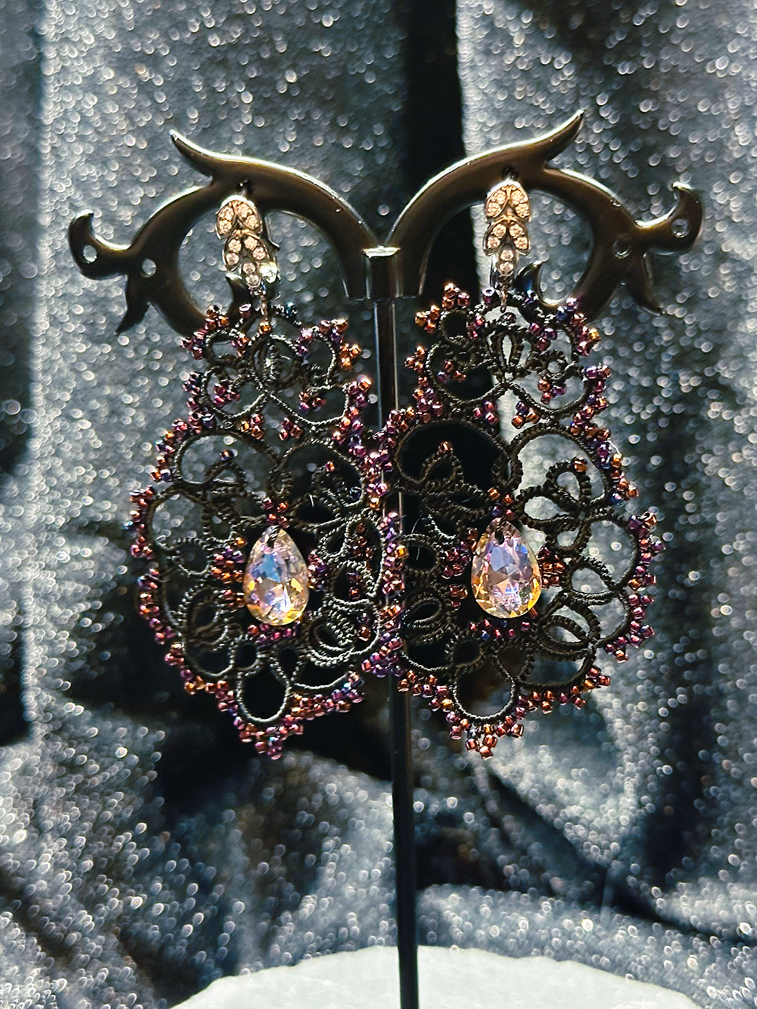 Velvet Twilight - Black Lace Earrings with Zircons and 925 Silver Findings