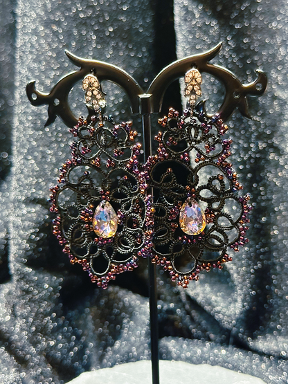 Velvet Twilight - Black Lace Earrings with Zircons and 925 Silver Findings