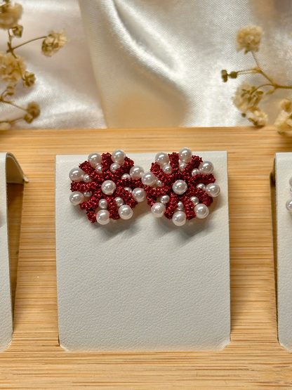 Handcrafted Tatted Lace Pearl Jewelry Set: Stainless Steel Stud Earrings & Adjustable Ring