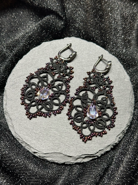 Velvet Twilight - Black Lace Earrings with Zircons and 925 Silver Findings