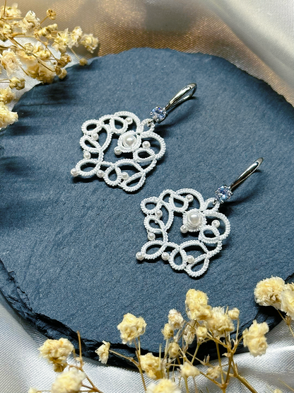 Bridal Lace Earrings – Hand-tatted White Lace with Glass Beads & Zircon Silver Hooks