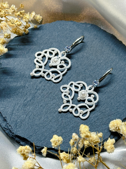 Bridal Lace Earrings – Hand-tatted White Lace with Glass Beads & Zircon Silver Hooks