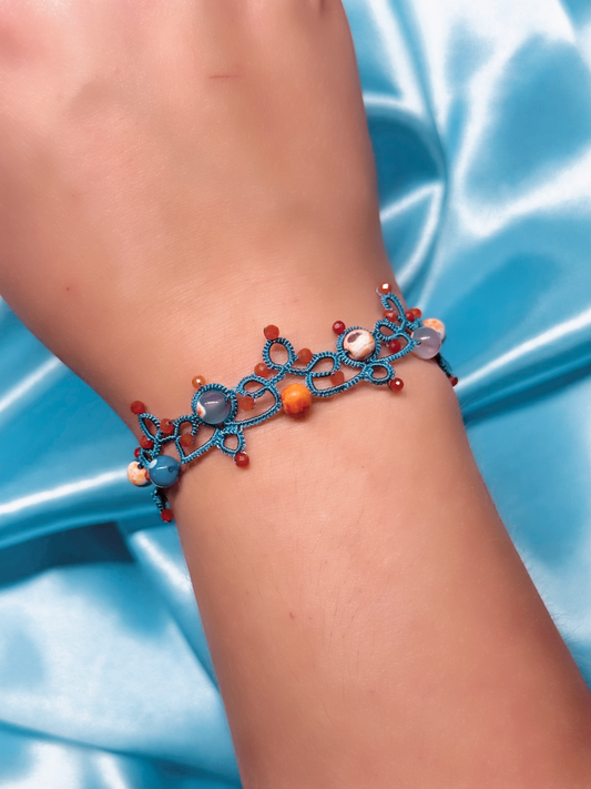 Handcrafted Tatting Bracelet – Fire Agate & Orange Aventurine | Adjustable Length | Blue Lace