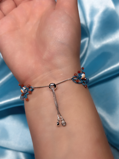 Handcrafted Tatting Bracelet – Fire Agate & Orange Aventurine | Adjustable Length | Blue Lace