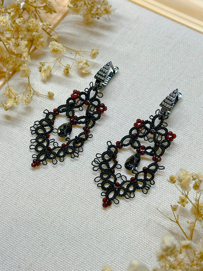 Dark Romance - Black Lace Earrings with Zircons and 925 Silver Findings