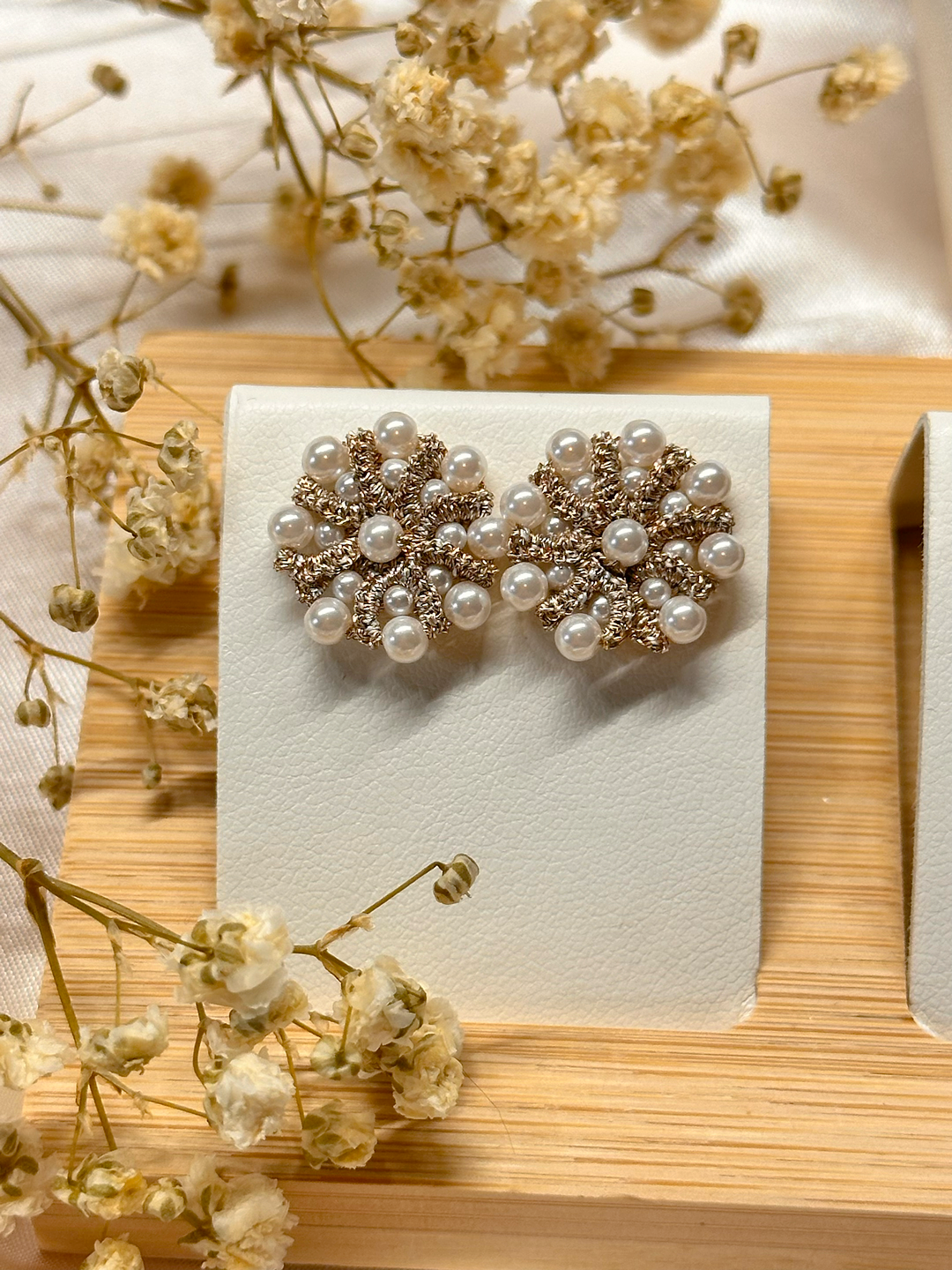 Handcrafted Tatted Lace Pearl Jewelry Set: Stainless Steel Stud Earrings & Adjustable Ring