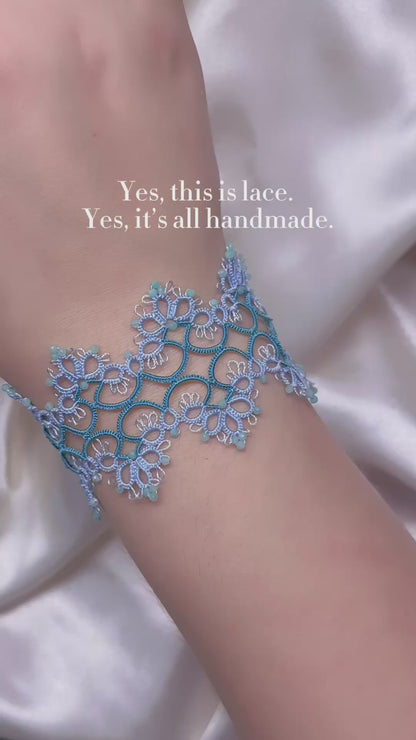 Delicate Blue Tatting Bracelet with Aquamarine Beads – Adjustable Handmade Lace Jewelry