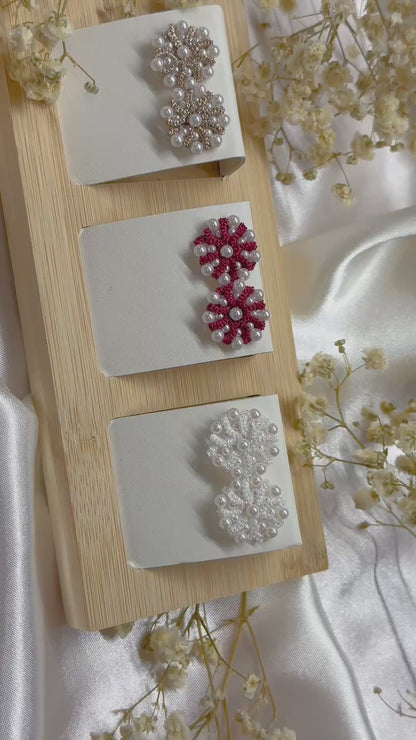 Handcrafted Tatted Lace Pearl Jewelry Set: Stainless Steel Stud Earrings & Adjustable Ring