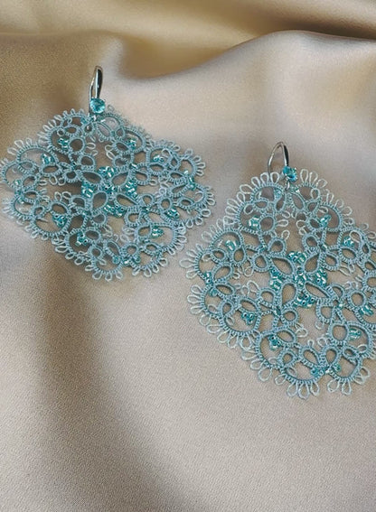 Tatted Lace Earrings: Aqua Blue Filigree, Sterling Silver