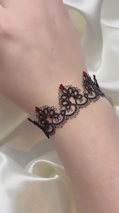 Dark Romance - Black Lace Bracelet with Red Beads and 925 Silver Clasp