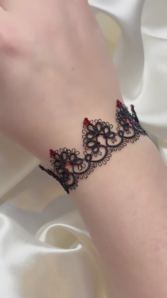 Dark Romance - Black Lace Bracelet with Red Beads and 925 Silver Clasp