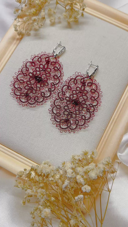Burgundy Lace Earrings – Tatting Jewelry with Glass Beads and 925 Silver Hooks