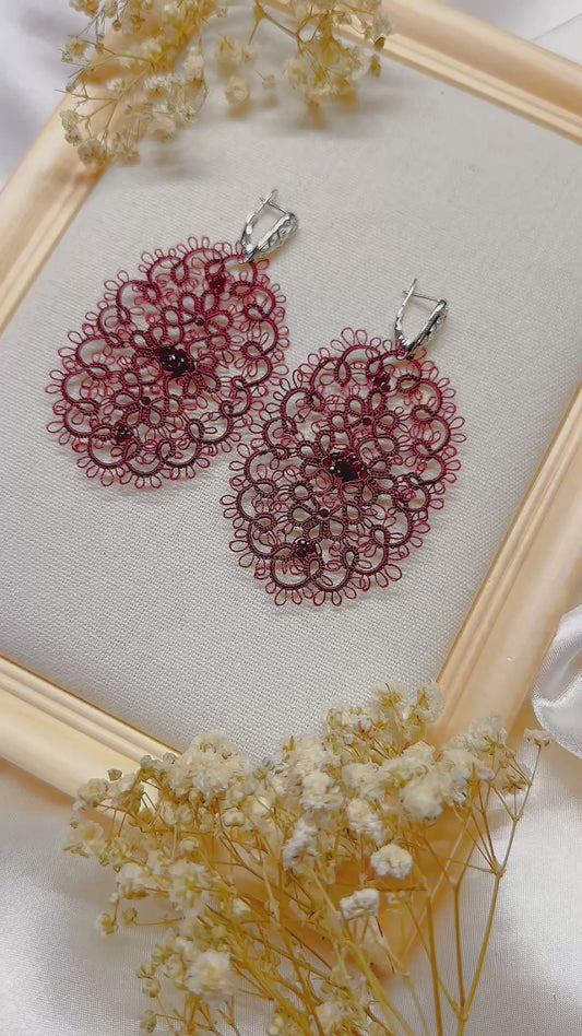 Burgundy Lace Earrings – Tatting Jewelry with Glass Beads and 925 Silver Hooks