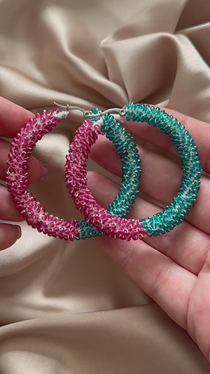 Tatting Hoop Earrings: Pink & Turquoise Glass Beads, Stainless Steel