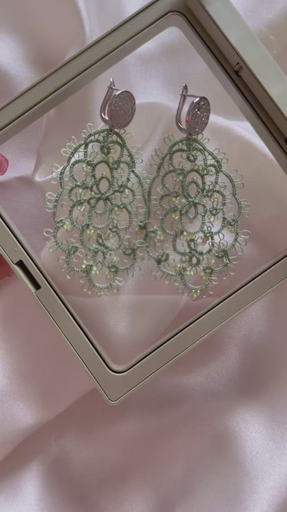 Handcrafted Tatting Earrings with Peridot Beads | Silver Hook