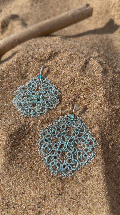 Tatted Lace Earrings: Aqua Blue Filigree, Sterling Silver