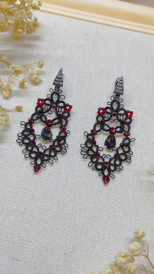 Dark Romance - Black Lace Earrings with Zircons and 925 Silver Findings