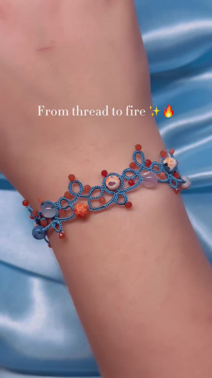 Handcrafted Tatting Bracelet – Fire Agate & Orange Aventurine | Adjustable Length | Blue Lace