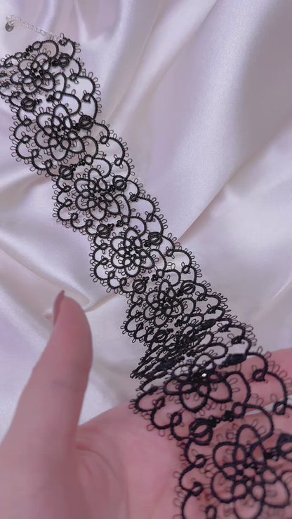 Black Lace Choker with Faceted Glass Beads & 925 Sterling Silver Clasp