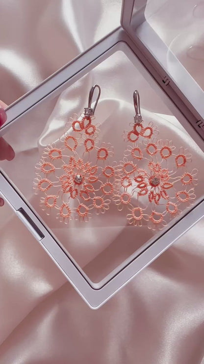 Peach Blossom – Handcrafted Tatted Lace Earrings with Zircon Accent