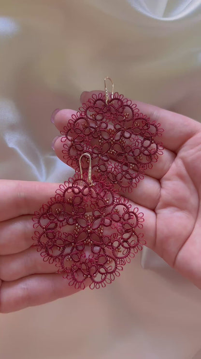 Burgundy Tatting Lace Earrings: 14K Gold Plated, Frivolité Jewelry