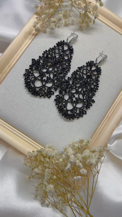 Elegant Black Lace Earrings with 925 Sterling Silver Hooks and Glass Beads