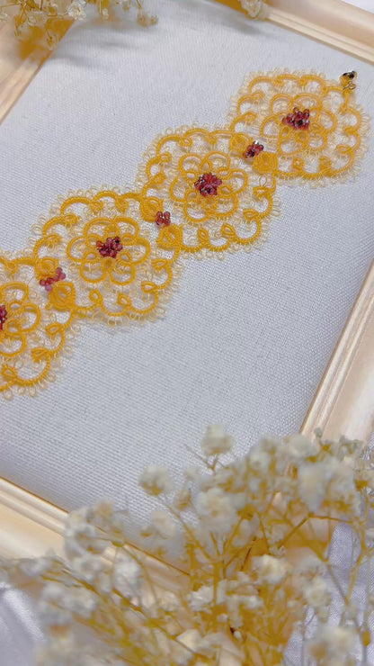 Floral Orange Lace Bracelet with Garnet Beads – Handcrafted Tatting Jewelry, 16 cm