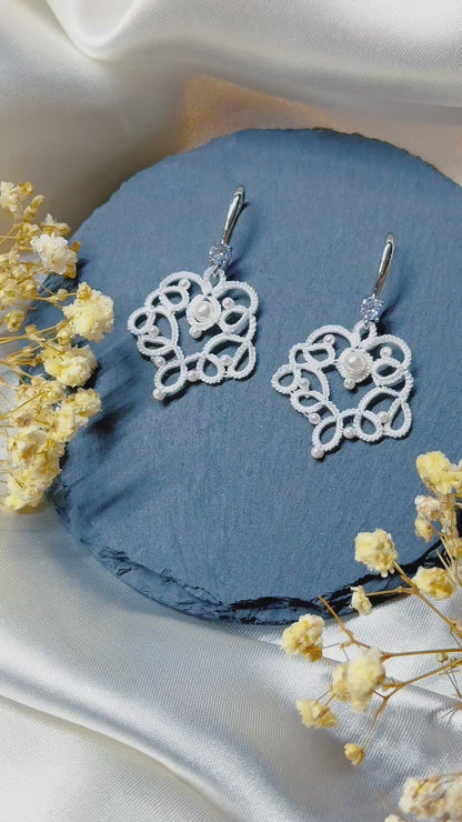 Bridal Lace Earrings – Hand-tatted White Lace with Glass Beads & Zircon Silver Hooks